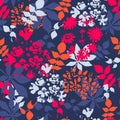 Floral bright seamless pattern. Field colorful flowers on a blue background.